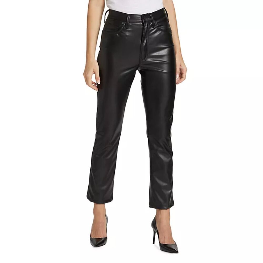 MOTHER Rider High Rise Ankle Bootcut Faux Leather Jeans Black Size 34 NEW NWT
